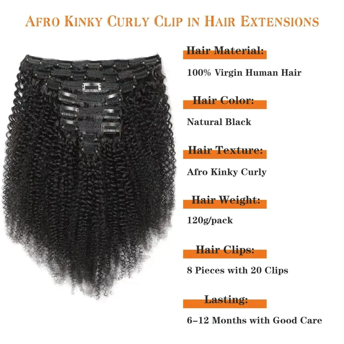 Extensiones de cabello rizado Afro, 100% cabello humano 4B 4C, extensiones de cabello rizado brasileño Remy, 8 Uds., 120g/set — image 3