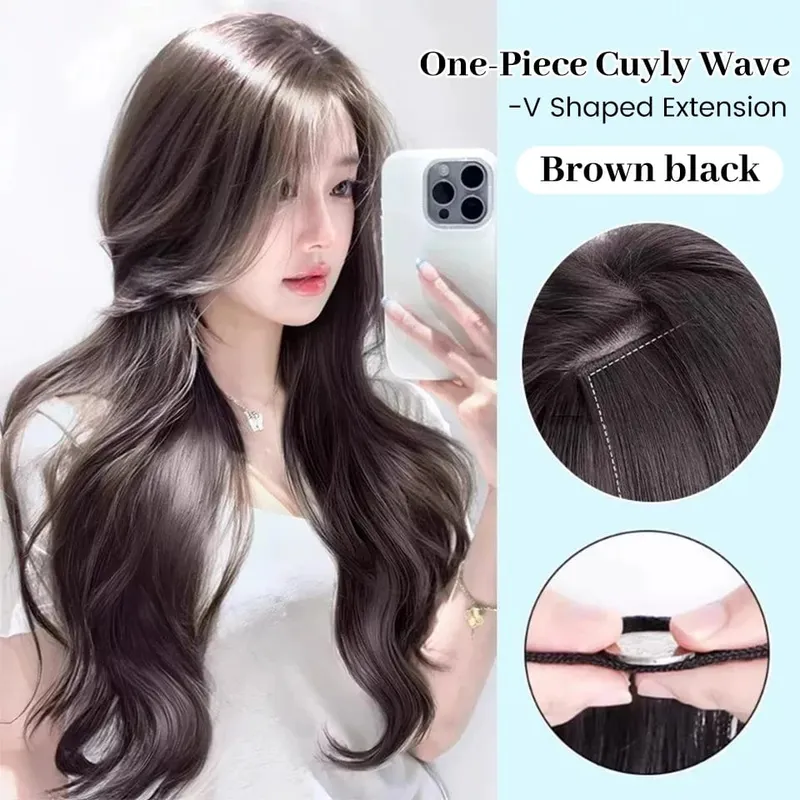 20 Inci Sintetis Panjang Keriting Bergelombang Berlapis Bentuk V Klip-In Ekstensi Rambut 4 Klip Tahan Panas Rambut Palsu untuk Wanita Pesta Sehari-hari
