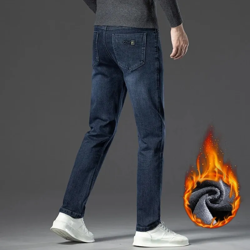 Winter Fleece Warm Men's Jeans Straight Stretch Classic Business Casual Thicken Denim Trousers Washed Fashion Velvet Male Pants