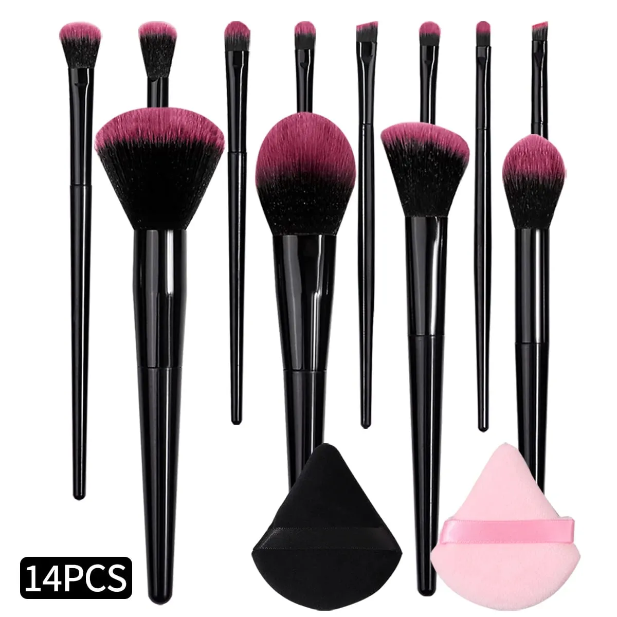 Hot Sale 14Pcs Complete Makeup Brushes Kit Soft Skin-Friendly Fluffy Cosmetic Brushes with Black & Pink Triangle Makeup Puffs