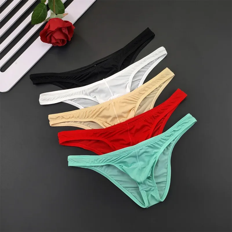 Slip en soie glacée pour hommes, 5 pièces, sous-vêtements avec poche en U, taille basse, sous-vêtements transparents Ultra fins, culottes Sexy grande taille pour hommes, nouvelle collection