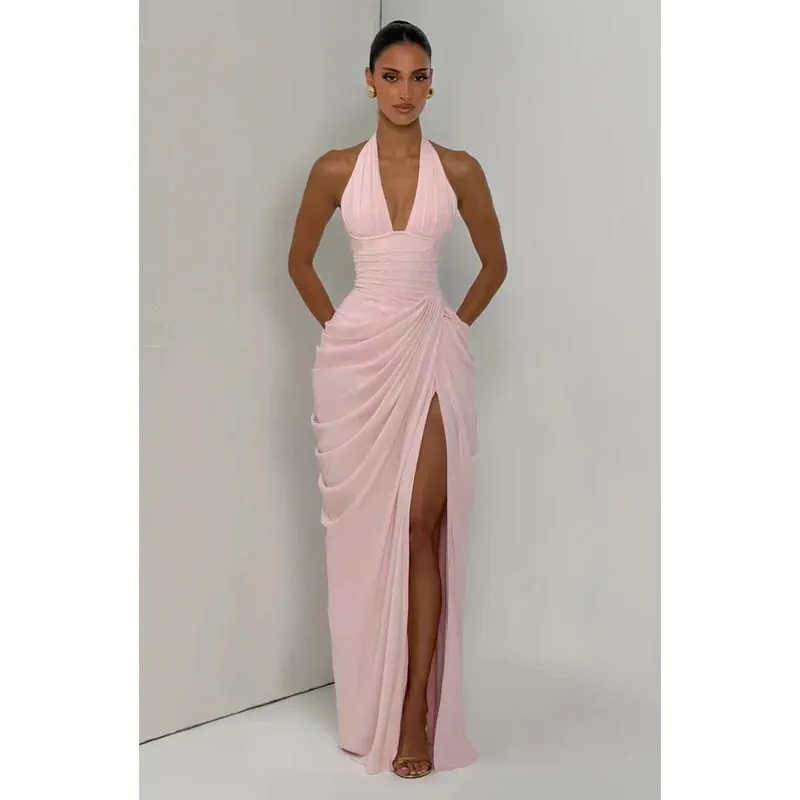 Women Fashion Solid Pleated Halter Dress Waist-cinching Sleeveless Backless Split Maxi Dresses 2026 Sexy Summer Lady Party Gowns