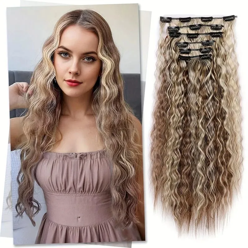 22Inch Synthetic Long Kinky Curly Hair Extension 6pcs/set Clip in Fluffy Hairpiece for Women Daily Use