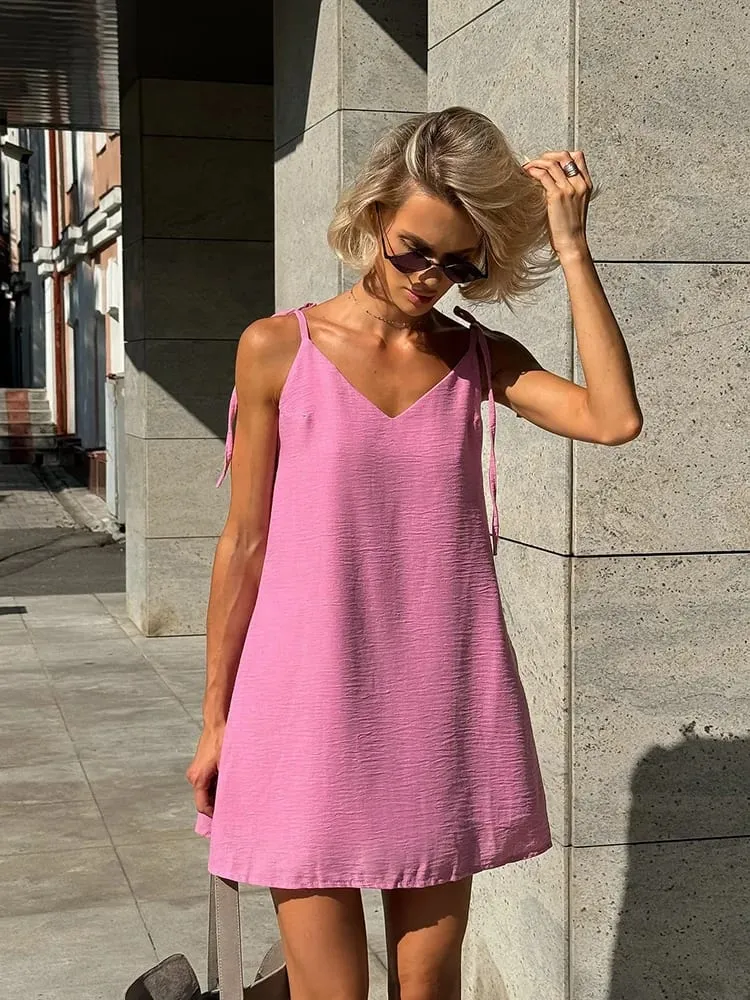 Ahagaga 패션 여성 드레스 솔리드 스트랩 붕대 일반 인과 v 넥 민소매 여름 캐미솔 루즈 스위트 Femlae Vestido