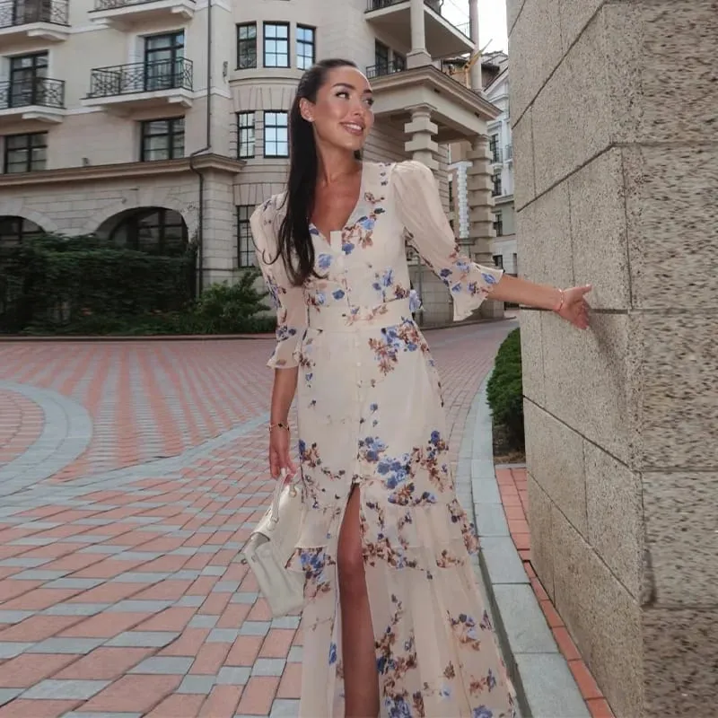 Organza Floral Printed Maxi Dress Fashion V-neck Puff Sleeve 2026 Spring/summer Romantic Women Party Gown Elegant Lady Vestidos