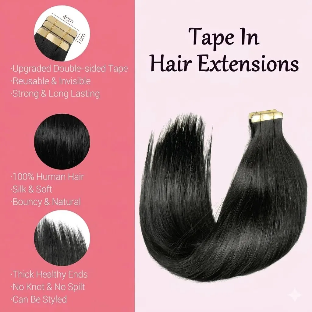 Tape In Real Human Hair Extensions Straight 18 24 Inch 1B Natural Black 50g/pack Color Invisible Seamless Skin PU Weft Tape Ins Extension For Women