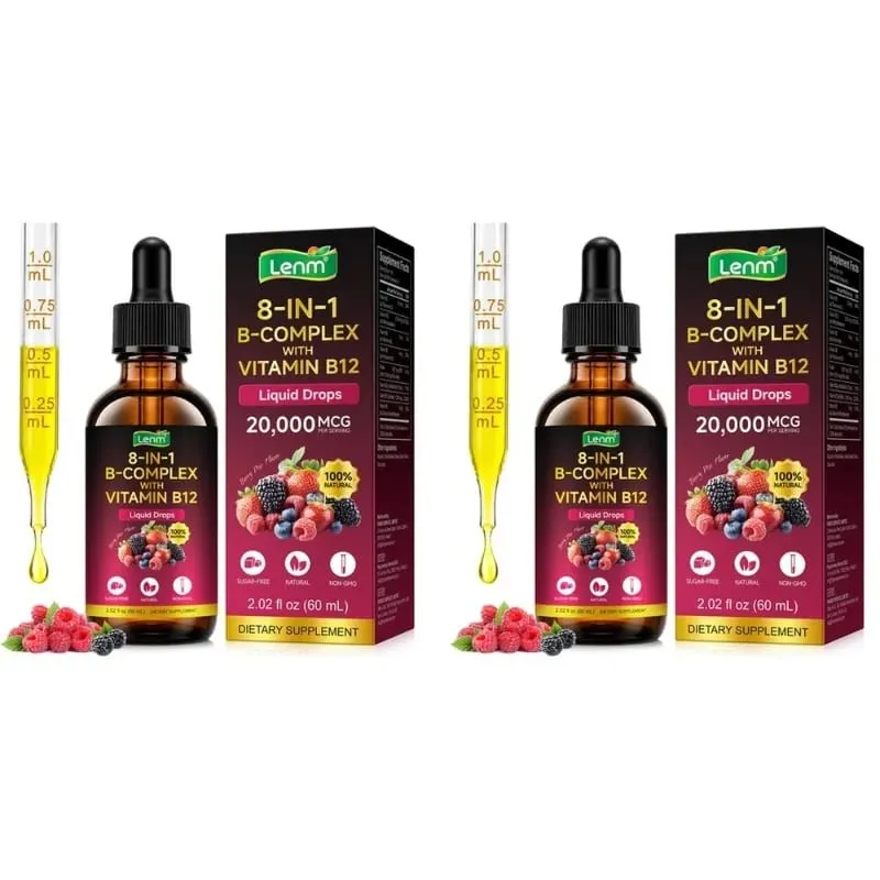 Lenm B Complex Liquid Drops 8-in-1 with B12 2000mcg B1 B2 B3 B5 B6 B7 Folate for Energy & Metabolism Support Sugar-Free 60ML
