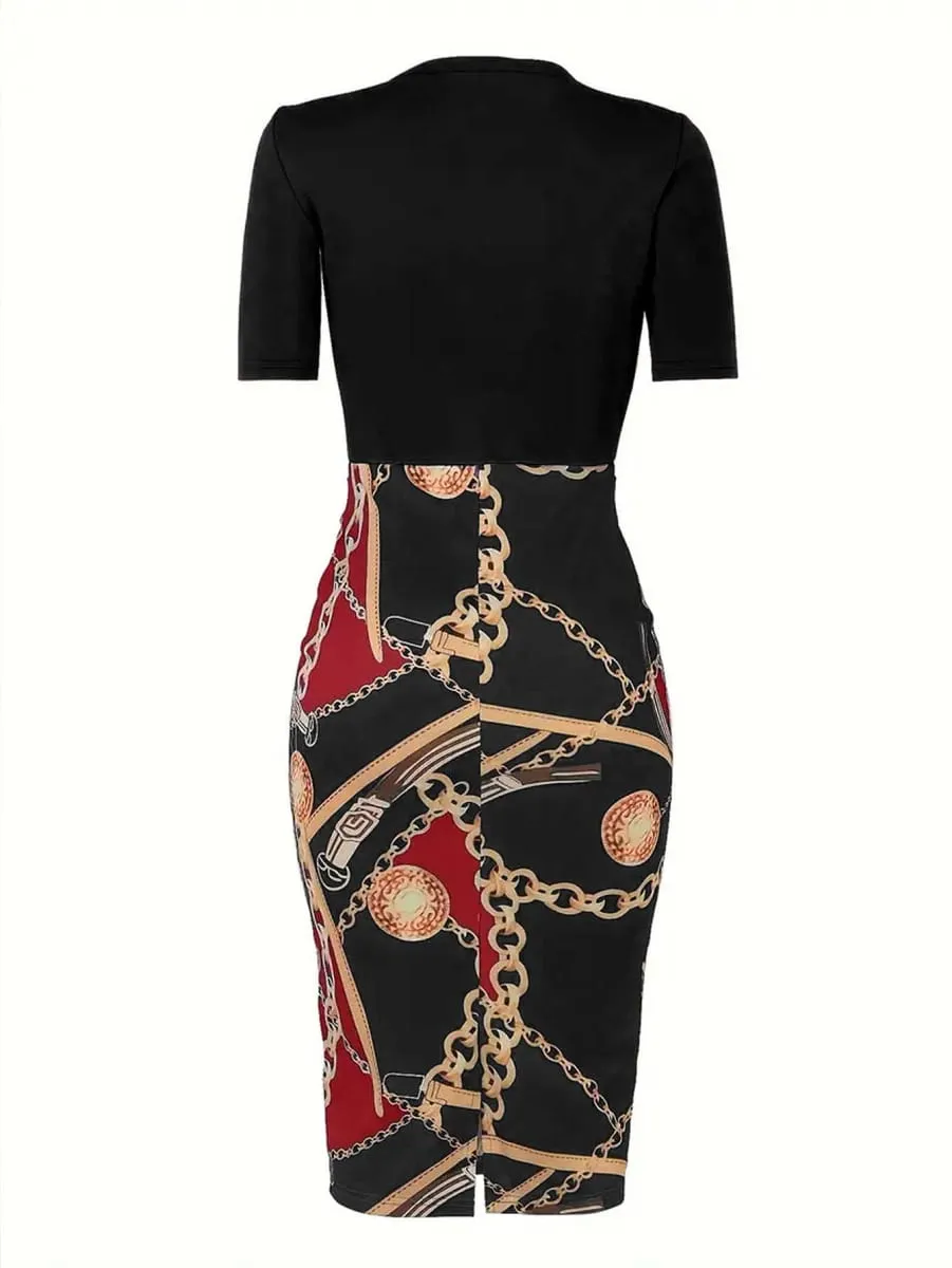 Commuter wrap-around dress Women's Colorblock Chain Print Short Sleeve Round Neck Slight Stretch Slim Fit Mini Dress With Belt