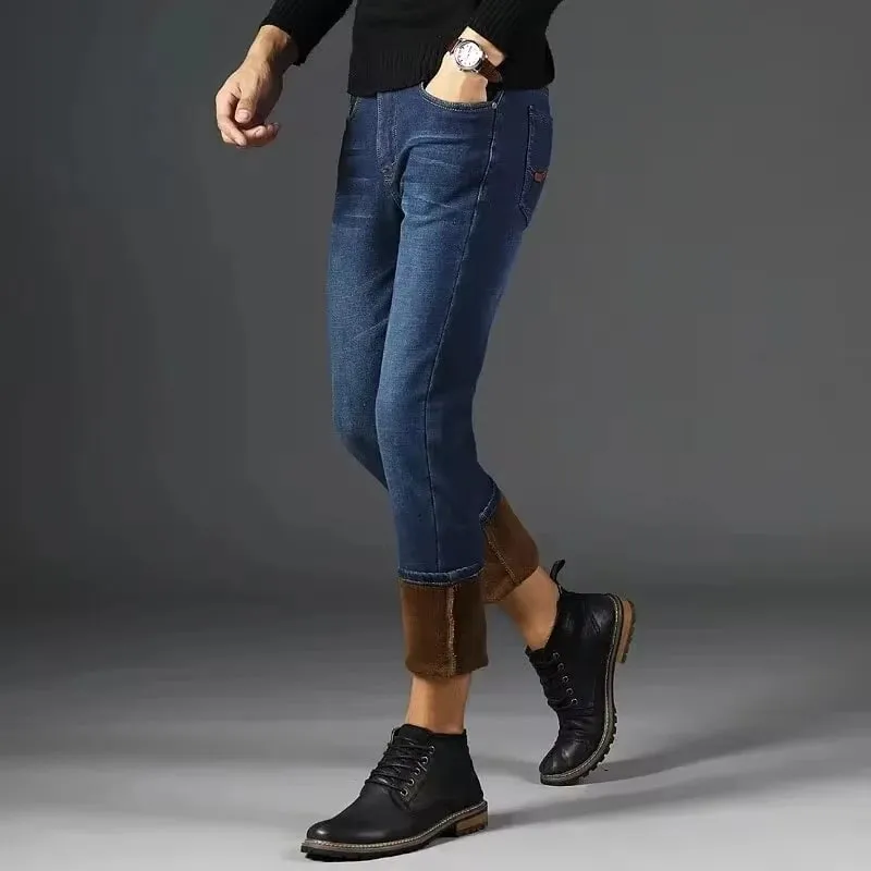 Men's Reflective Fleece-Lined Jeans - Thick Warm Lining Durable Denim & Reflective Trim Safe for Winter Night Commute & Casual