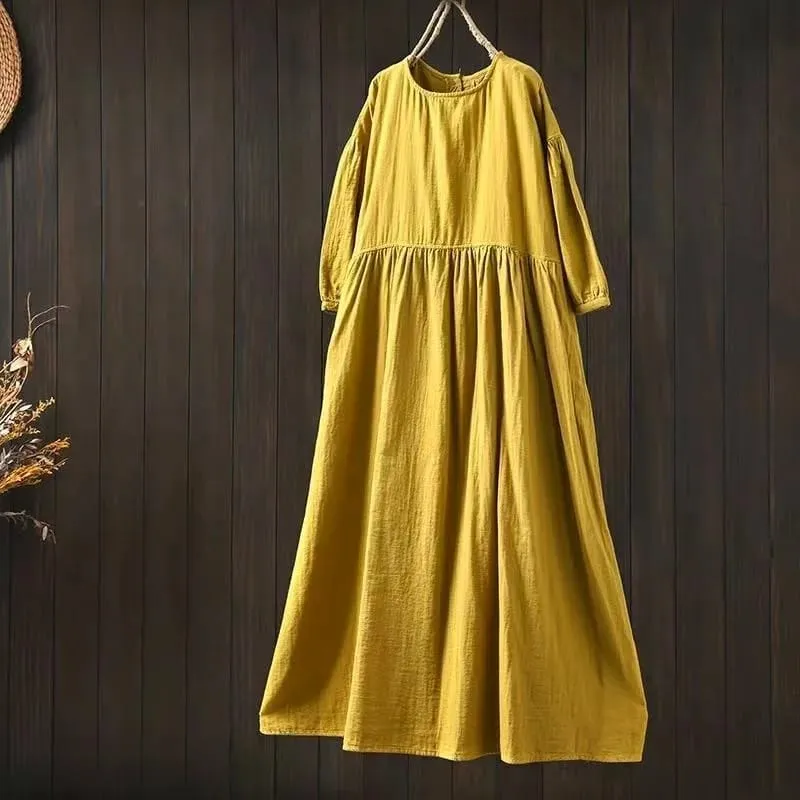 Johnature Women Vintage Cotton Dresses O-Neck Half Sleeve Soft Solid Color Robes 2025 Summer New Casual A-Line Female Dress