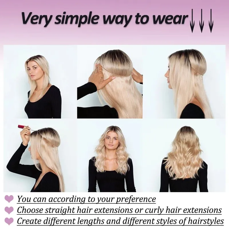 No Clips In Long Wavy Hair Extension Invisible Wire Hidden Fish Line False Hair Piece Synthetic Natural Black Blonde 16”22”32”