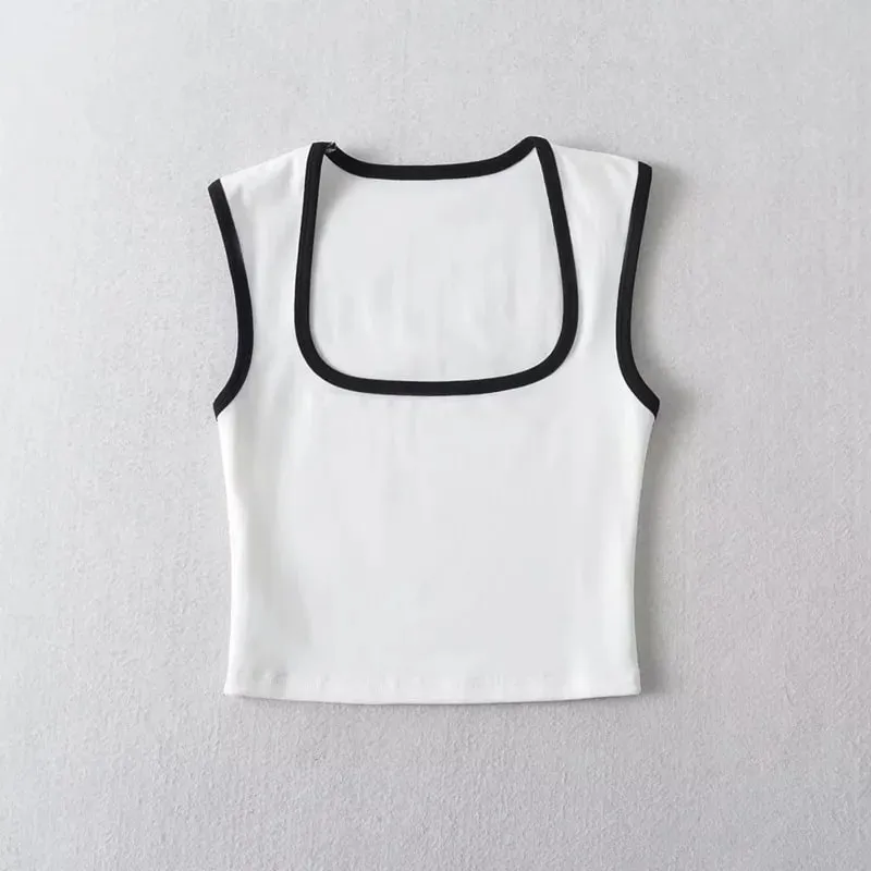 Woman Fashion Slim Solid Contrust Camis Casual Sleeveless Tanks Square Collar Crop Tops Clothing Streetwear Mujer 2024 Y2k
