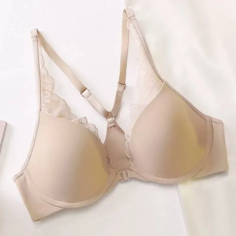 Bezešvá přední přezka Halter Podprsenka Měkká Kostice Tenká Letní Push Up Malé Zmenšení poprsí Velký hrudník Sexy spodní prádlo se zády 32-38 Set