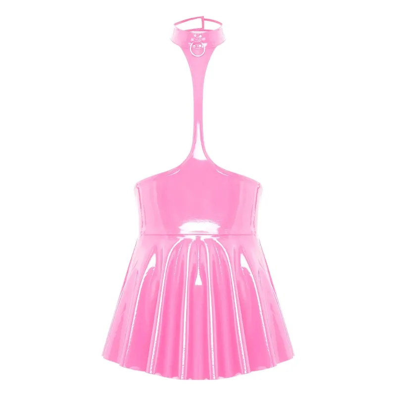 Womens Shiny Metallic Faux Leather Hollow Out Halter Backless Mini Skater Dress Wet Look Pleated A Line Skirt Party Clubwear