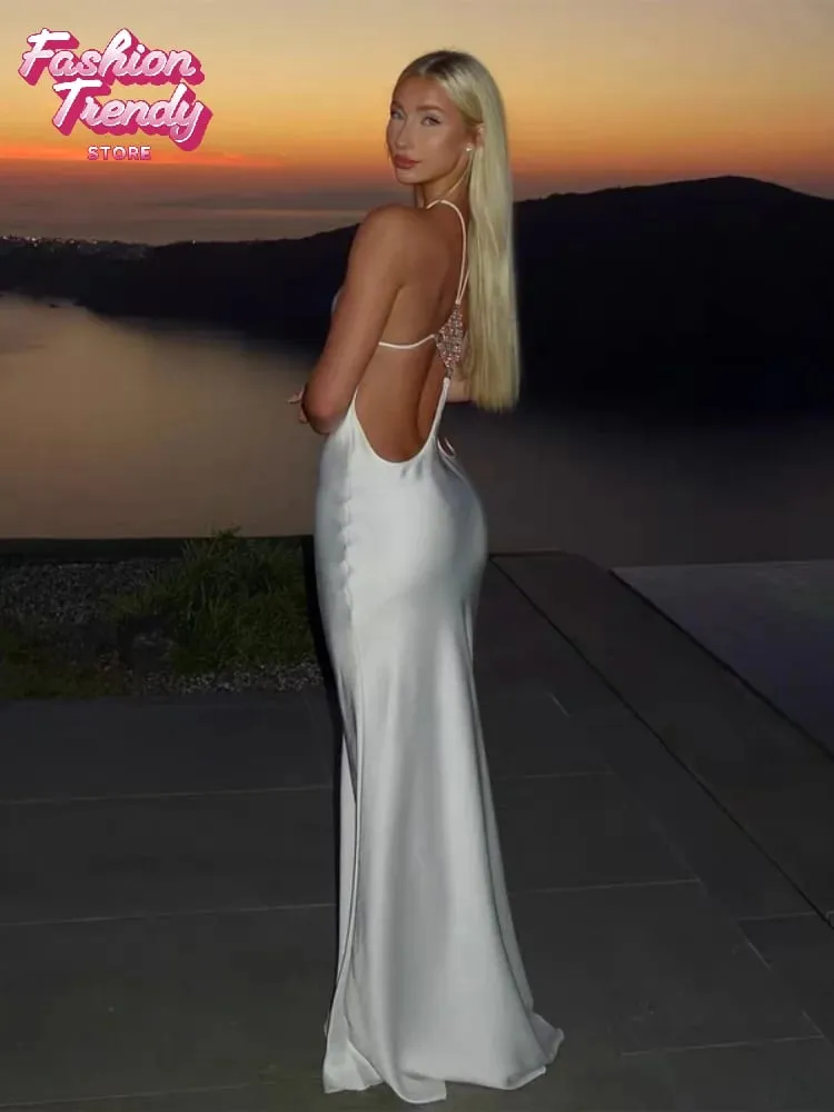 Solid Halter Backless Maxi-jurk met uitsnijding aan de zijkant Dames Stretch Jersey Vloerlengte Slanke bodycon-jurken Nachtclub Vakantiegewaad — image 3