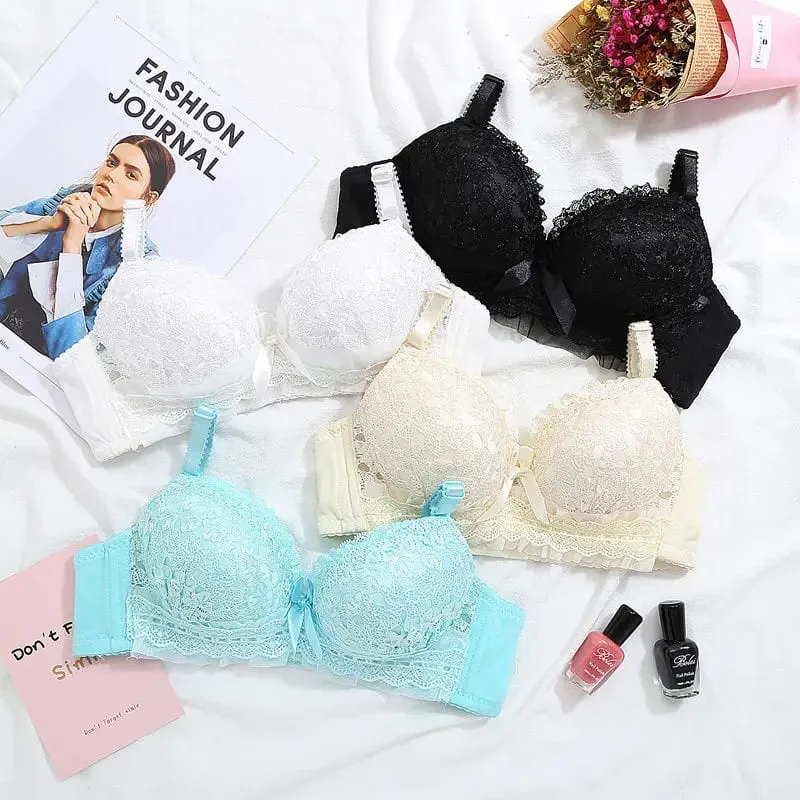 Wire‑Free Soft Push‑Up Brassiere Bra Panty Set Women Lace Lingerie Set Bow Decor Comfortable Daily Wear Intimate Underwear