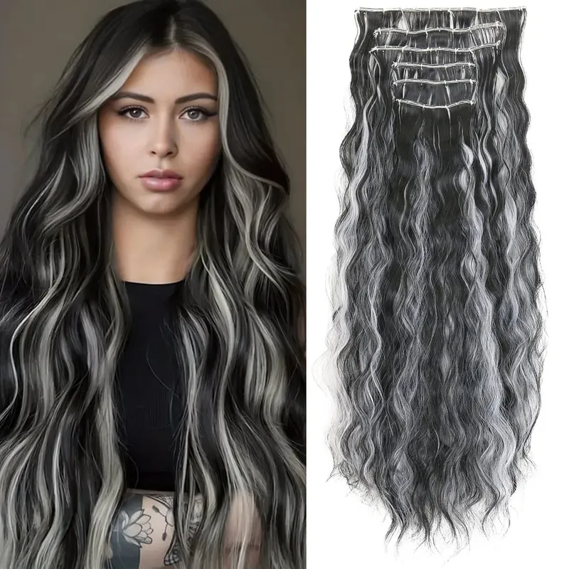 Synthetic Hair Extensions 16Clips In 6PCS Set Curly 22inch Long Clip On Hairpiece Corn Wavy Style For Women Girls Daily Party