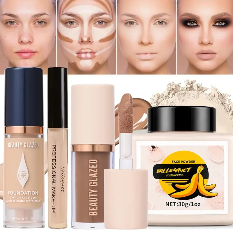 4pcs Face Makeup Set:High-Coverage Concealer Lightweight Foundation 3D Contouring Cream And Oil-Controlling Setting Powder