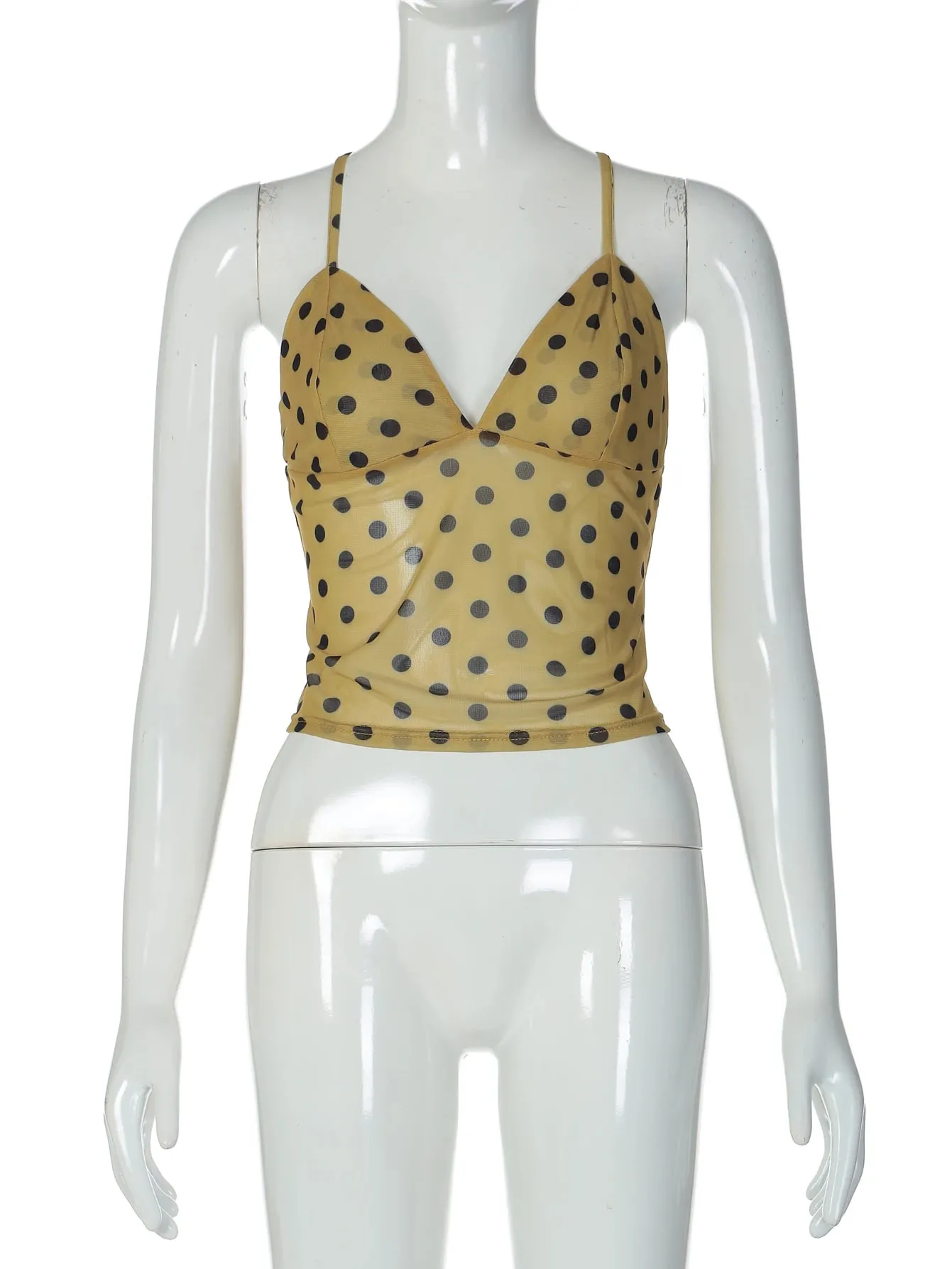 Hugcitar Spot Print V Neck Slips Backless Lace Up Sexy See Through Slim Crop Tank Top Women Fashion Outfit Vacation Party Club