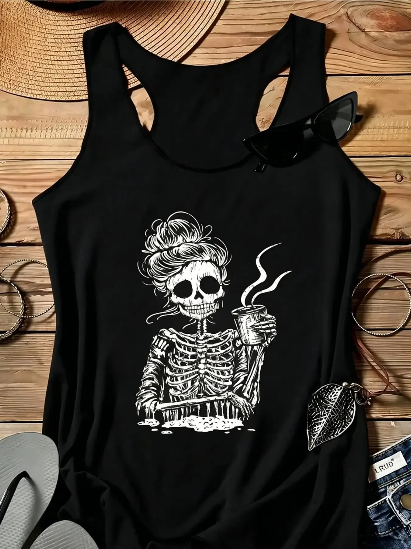 Ladies' Skeleton Print I-Back Vest A Summer Casual and Personalized Sleeveless Top in a Popular Style Perfect for Daily Wear