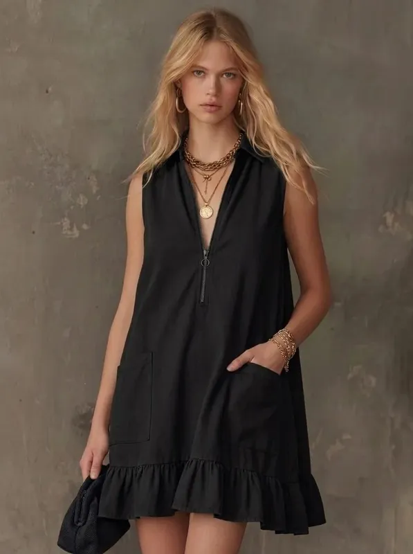 Women Sleeveless Zip V Neck Mini Dress Collared Ruffle Hem A Line Loose Dress with Pockets Summer Casual Dresses — image 2