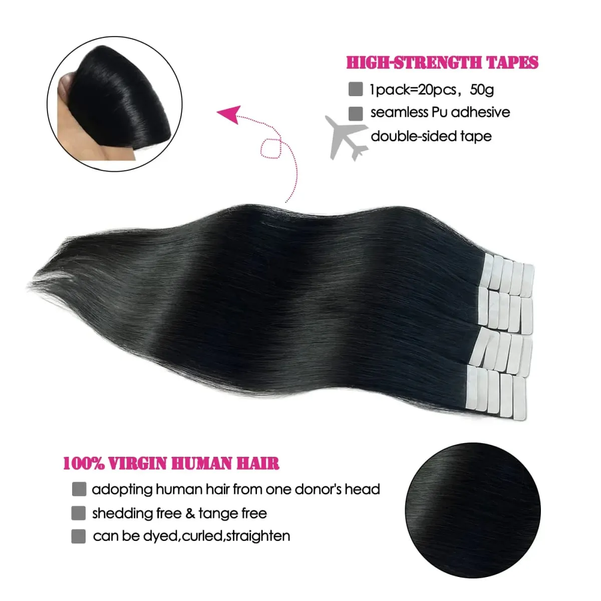 Tape In Hair Extensions Remy Human Hair 20pcs Straight Seamless Skin Weft Tape Hair Extensions Natural Black Hair For Women — image 6