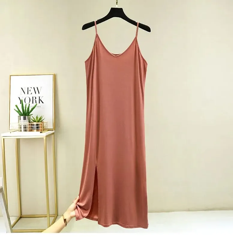 Womens Modal Full Slip Dress Underwear Veststrap Solid Long Under Dress Camisole Slips Inner Petticoat Women Intimates