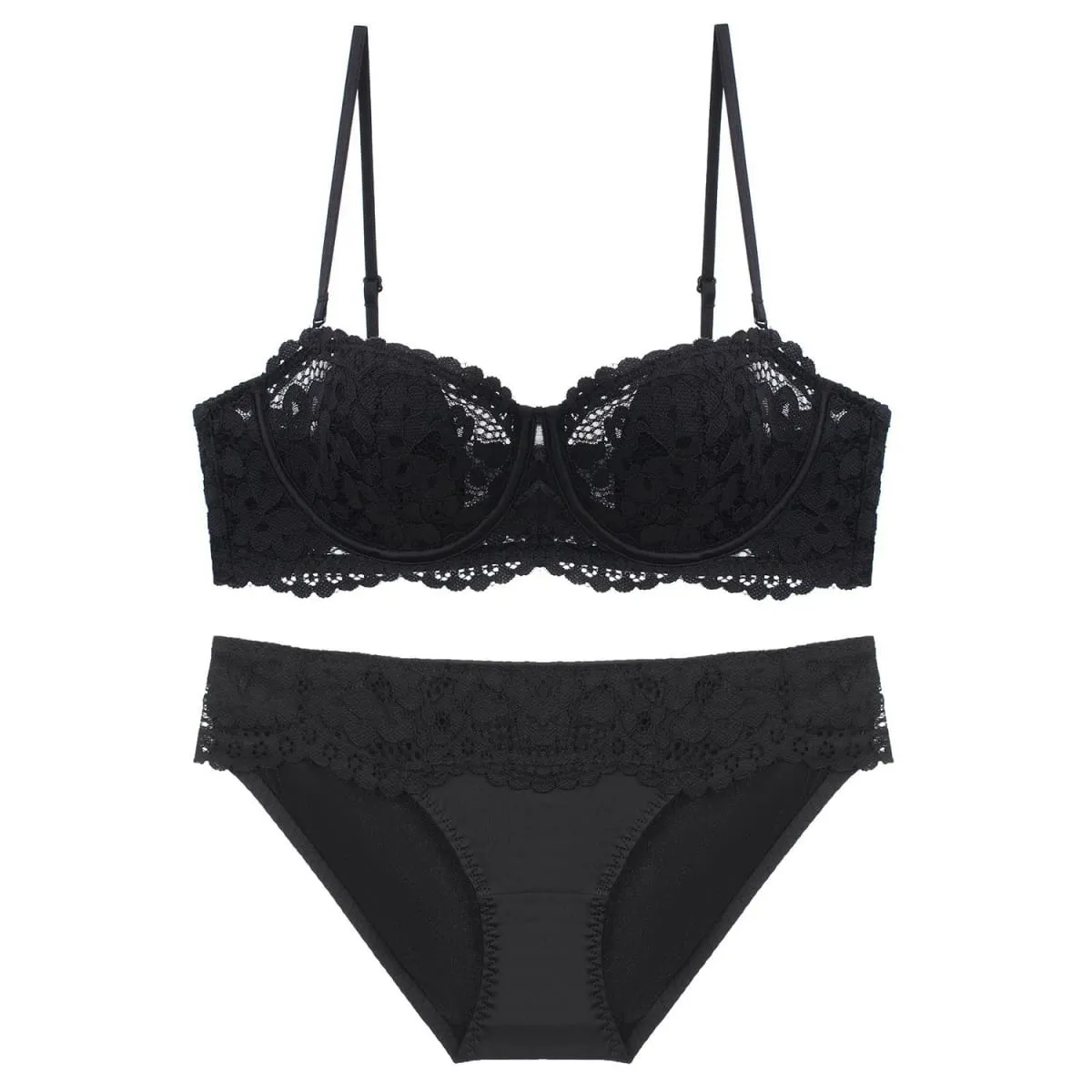 Half Cup Push Up Lace Bra Panties Set Underwear Bunny Ears Thin Lined Removable Straps Non-slip Widen Side Support Sexy Lingerie