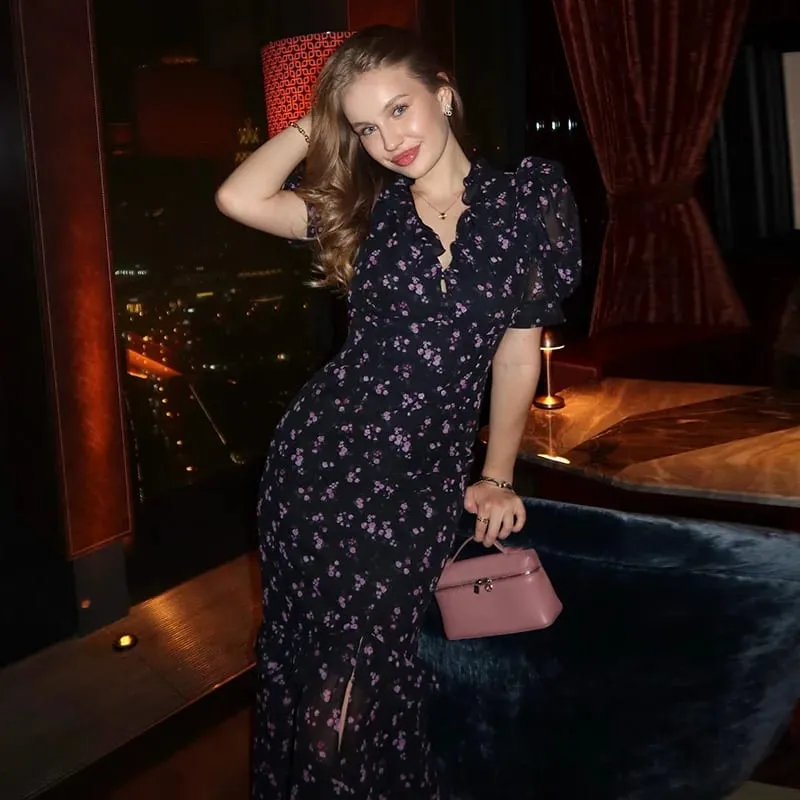 Floral Puff Sleeves Maxi Dresses Women's Slim Waist-cinching Hip-wrap V-neck Dress 2026 New Ladies Summer Vacation Outwear — image 4