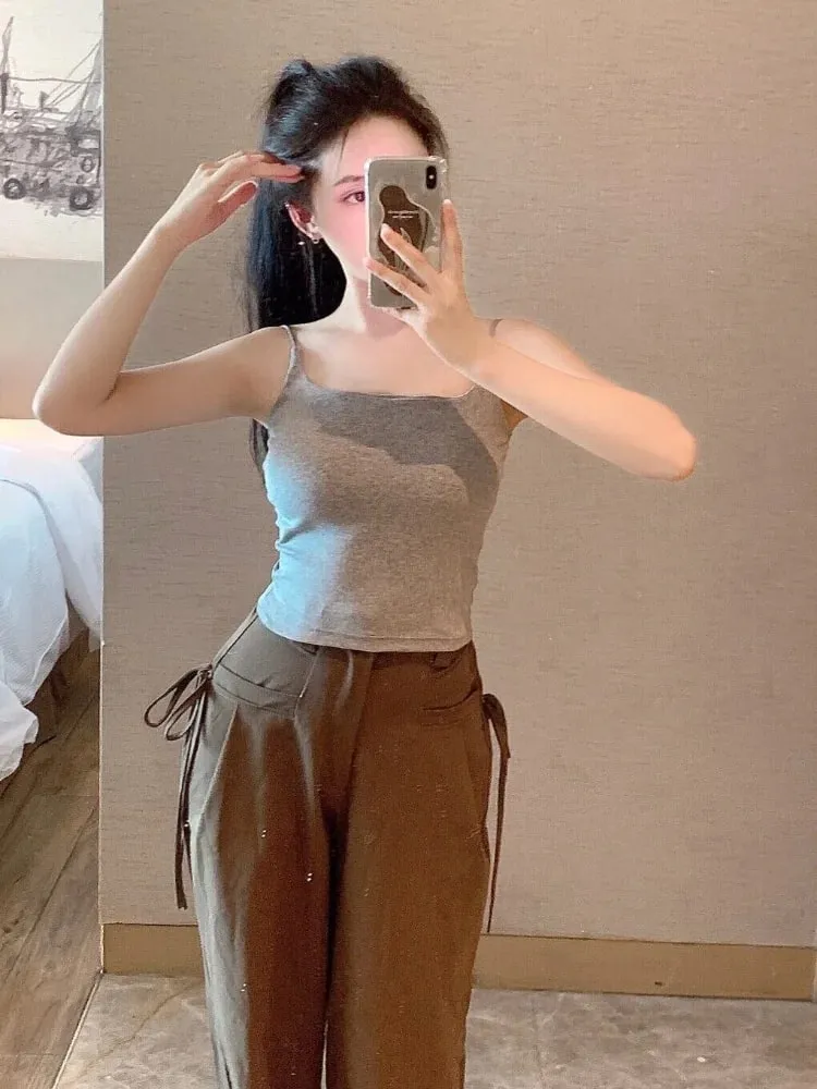 Slimming Summer Outerwear Inner Wear Camisole Tank Top Women Simple Sling Strap Vest With Chest Pad For Girls