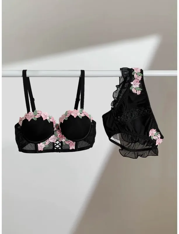US Hot Sweet Japanese Lace Women Lingerie Set Pure Desire Sexy Push‑Up Wireless Thin Cup Breathable Light Summer Bra 32‑38 Size