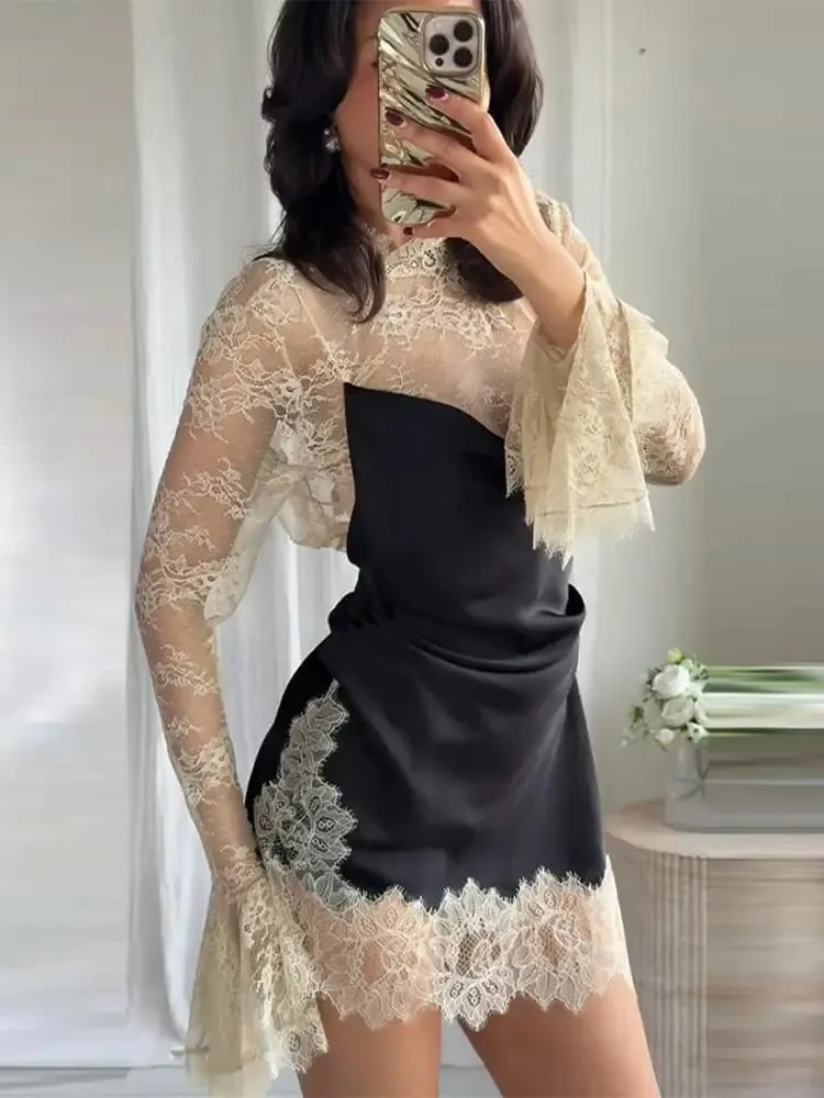 優雅緞面花卉蕾絲拼接迷你連身裙女式不規則下擺長袖連身裙女士 2026 年別緻晚會背心