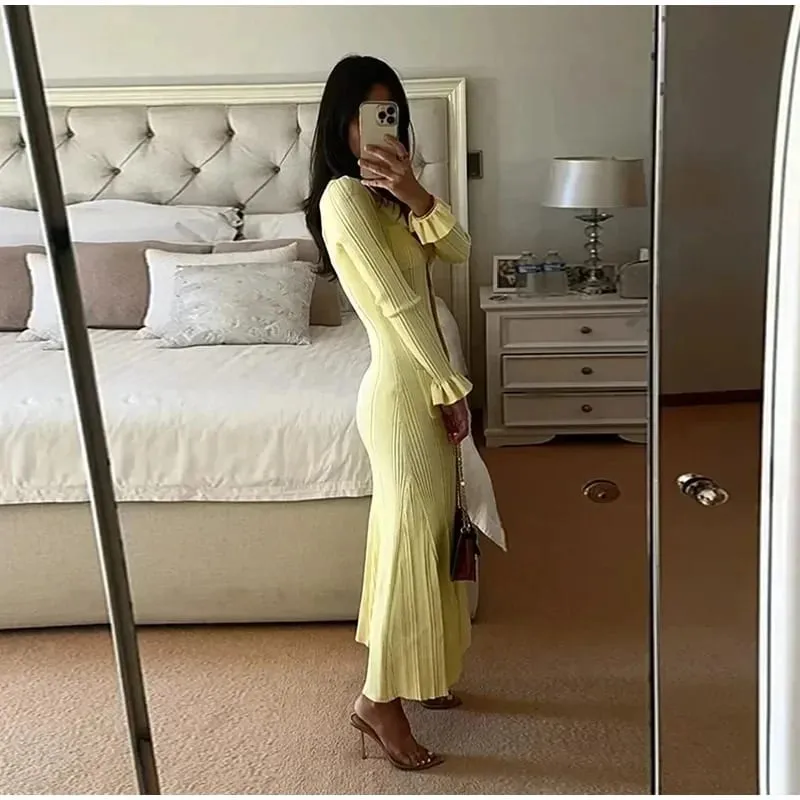 Elegant Knit Ribbed Single Breasted Long Dress Women Slim Lapel Flare Sleeve Pockets Female Dresses Autumn Lady Solid Robes