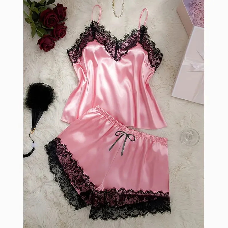 Silky Bra Shorts Pajamas Set Solid Summer Lingerie Women Intimacy Sets Comfortable Seamless Bras Underwear Satin Home Apparel