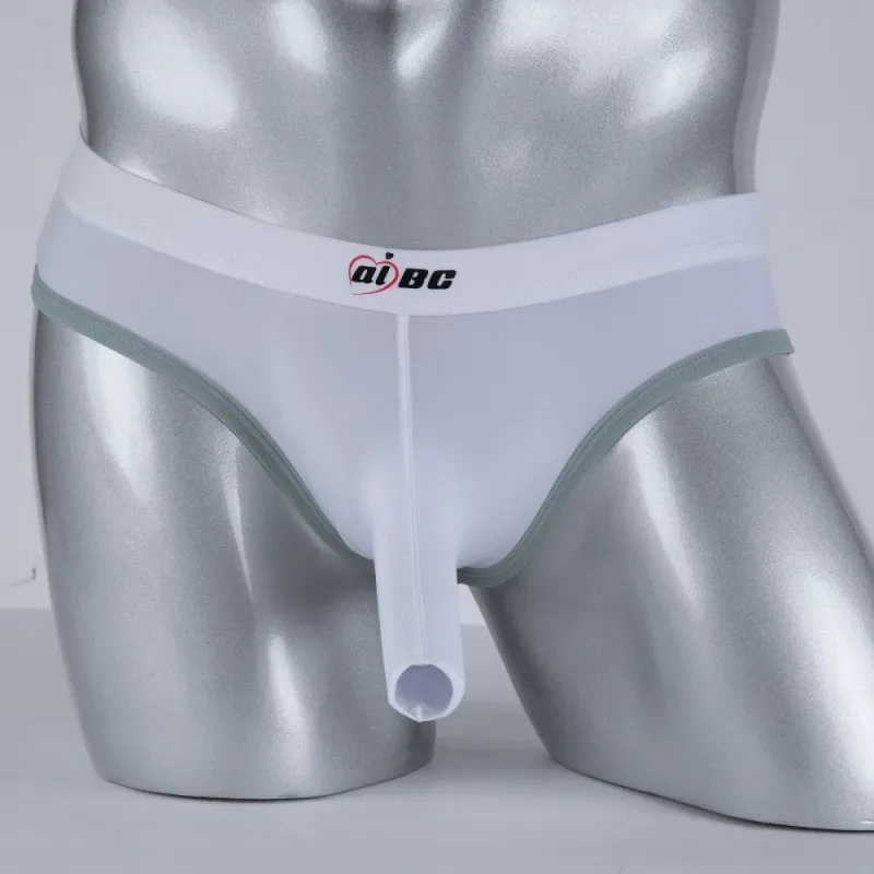 Men's Erotic Briefs Elephant Nose Open Sheath Bikini Gay Sexy Thin Ice Silk Penis Bulge Separate Elastic Quick Dry Sports Tangas