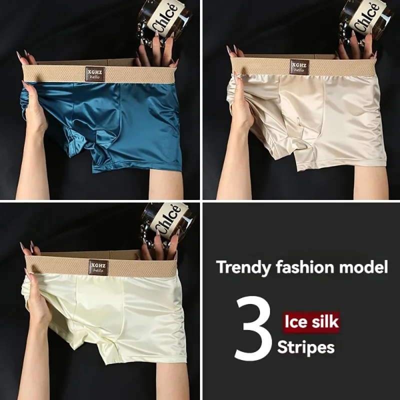 3PCS/Pack Luxury Ice Silk Satin-like Men's Panties Super Soft Boxer Homme Cool Breathable Comfortable Man Underwear Underpants