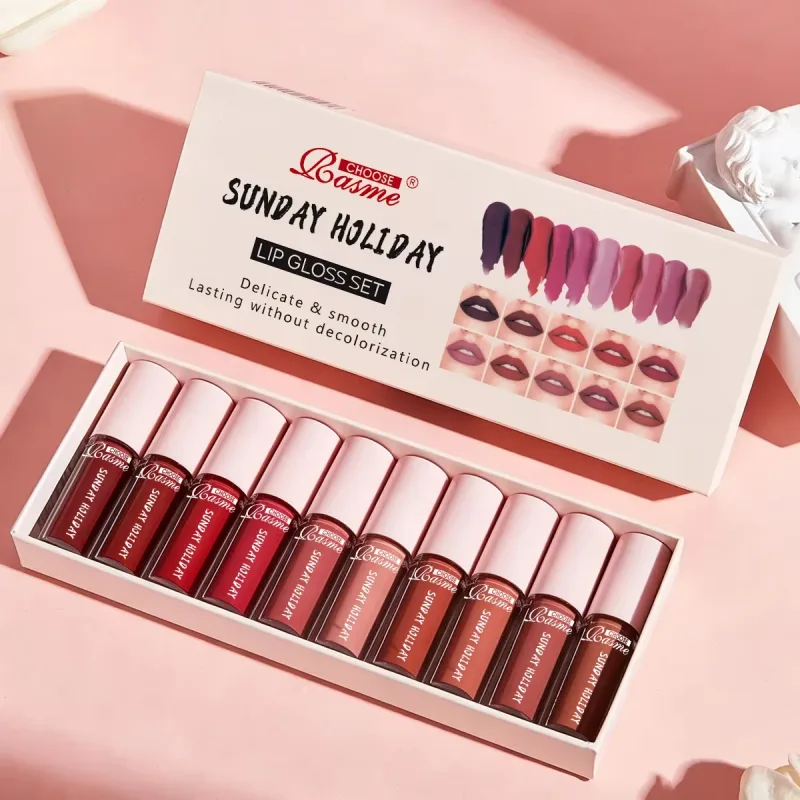 10PCS/Set Sunday Holiday Lip Gloss Kit Matte Liquid Lipstick Long Lasting Waterproof Lip Tint Women Cosmetics Wholesale Makeup