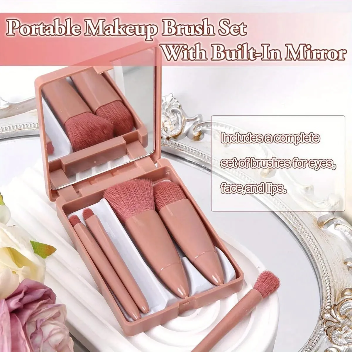 Mini 5-Piece Portable Makeup Brush Set With Mirror - Makeup Brush Travel Set Eyeshadow Brush Tool