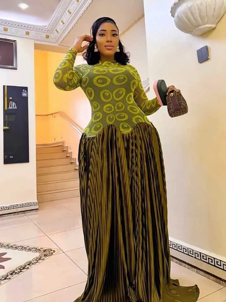 Elegante olijfgroene jurken Maxi-jurk met hoge taille en lange mouwen voor dames Avondfeest Geplooide jurk Stretchstof voor kleding — image 5