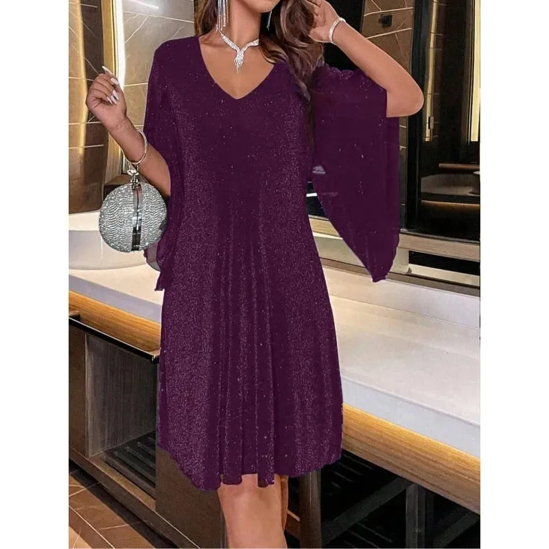 Bright Sequin Dresses Women V-neck See Through Chiffon Patchwork Irregular Half Sleeves Loose Mini Dress Female Vestidos 2024 — image 5