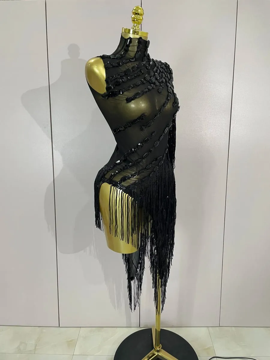 New Sparkly Rhinestones Tassel Sexy See-Through Dress Women One Shoulder Latin Dance Outfits Bars Nightclub Party Stage Costume