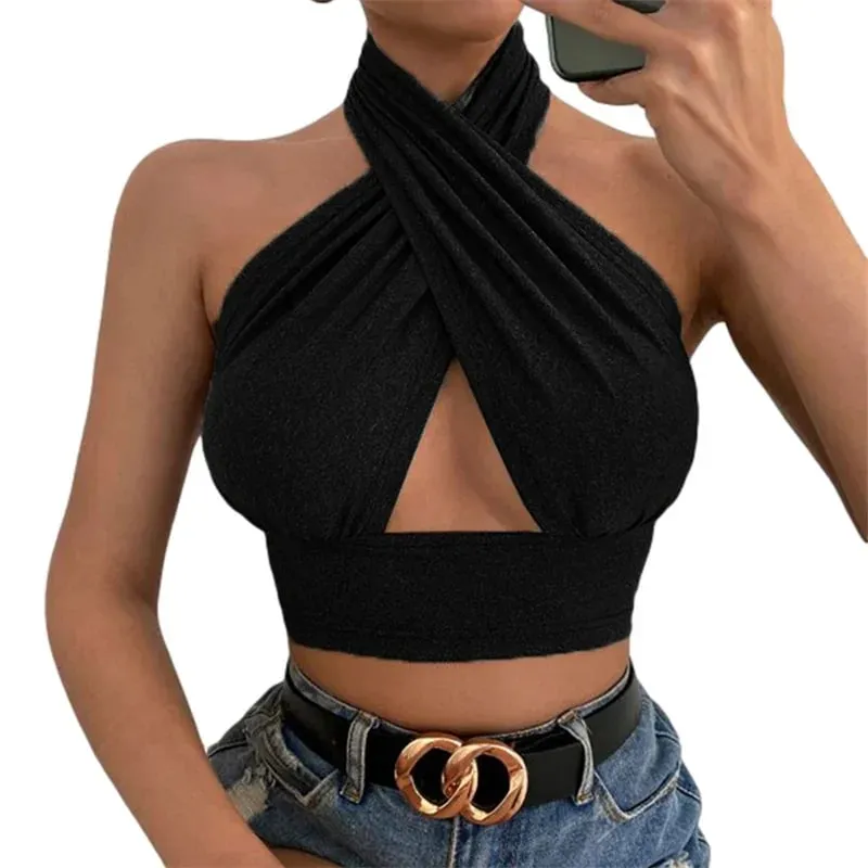 y2k Halter Top Women Summer Clothes Solid Color Sleeveless Backless Vest T Shirt 2000s Aesthetic Clothing Streetwear