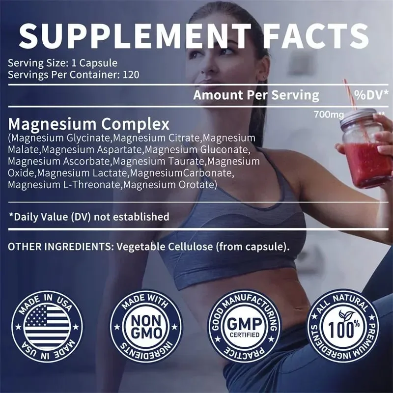 Magnesium Complex Capsules - Promotes Bone Heart and Muscle Health Soothes Nerves Boosts Natural Energy Improves Immunity