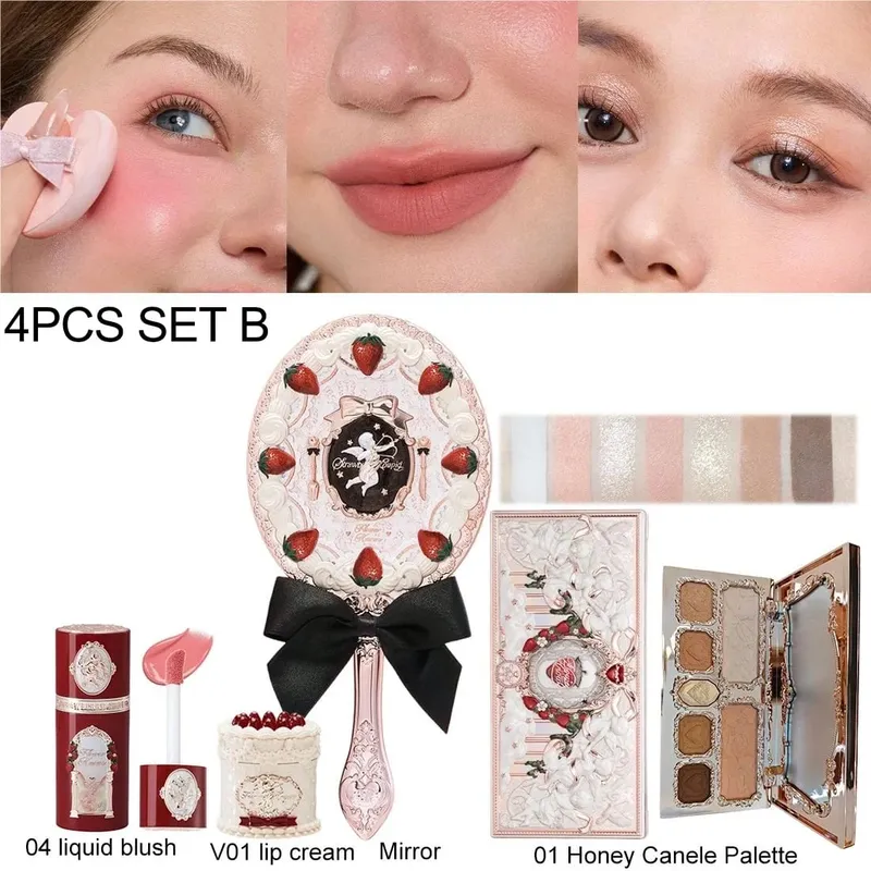 Flower Knows Make Up Kit Cosmetics Full Set Strawberry Rococo Palette Little Angel Highlighter Matte Lipstick 4Pcs Kit