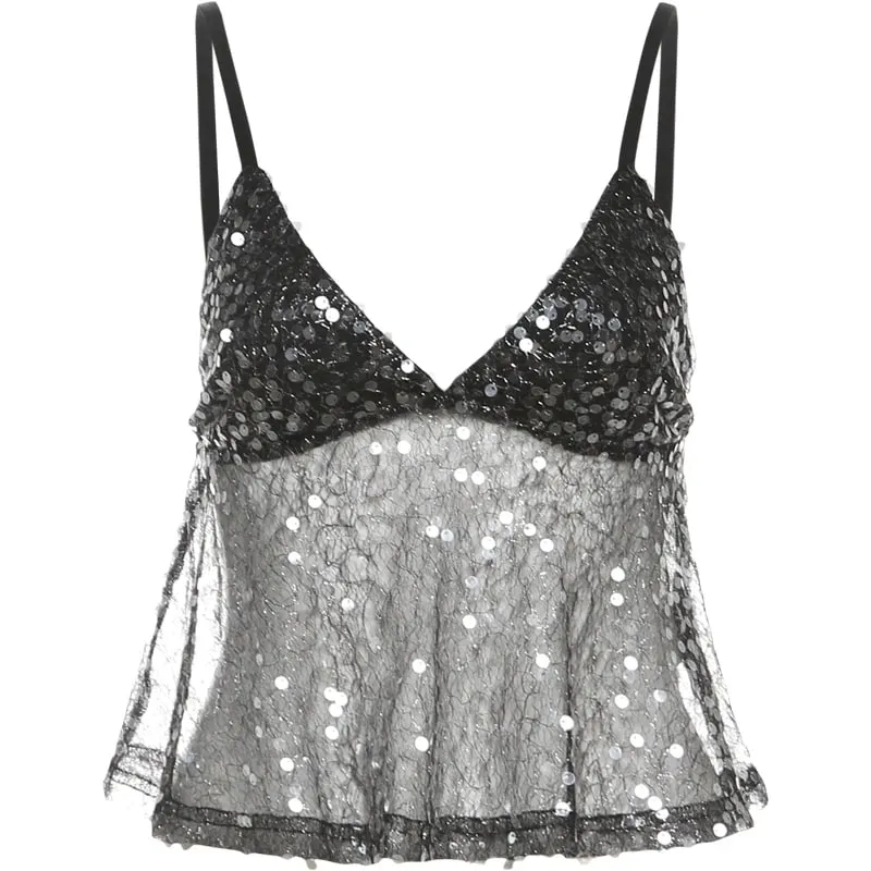 Nibber Sequins Patchwork Mesh Camisole Women v-Neck Sexy Backless Summer Trend Street Midnight Versatile Hottie Classic Tops — image 8