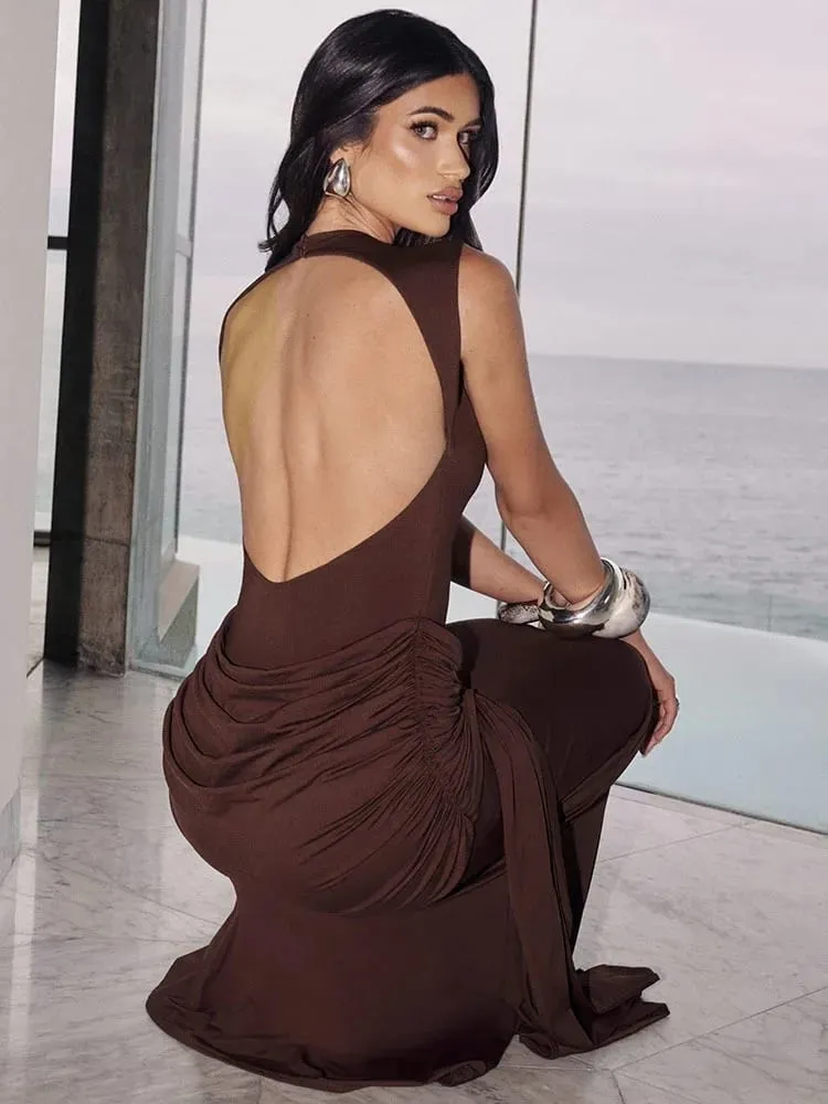 Mozision Backless Draped Ruched Sexy Maxi Dress Women Gown Elegant O Neck Sleeveless High Waist Skinny Club Party Long Dresses