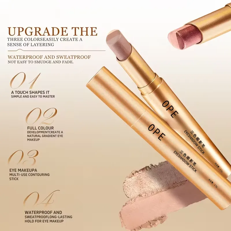 Glitter 3-Color Gradient Eyeshadow Stick Pencil Three Tone Shimmer Metallic Lazy Eye Shadow Pen Waterproof 3 in 1 Eye Makeup