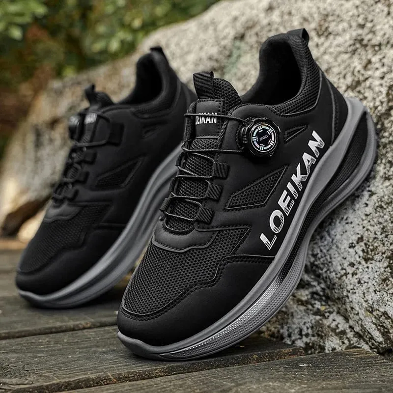 Men's Rotating Button Running Shoes Breathable Mesh Quick Lacing Athletic Sneakers