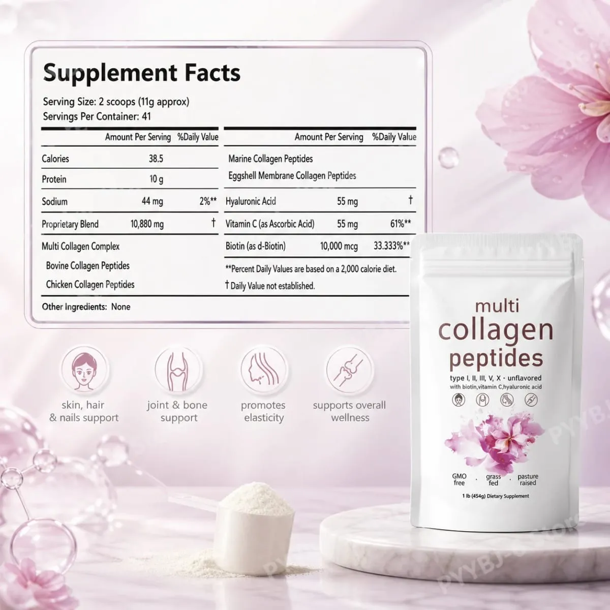 Poudre de Peptides multi-collagènes, 454g, mélange de collagène sans saveur, avec vitamine C, biotine, acide hyaluronique, Support pour la peau, les cheveux et les ongles