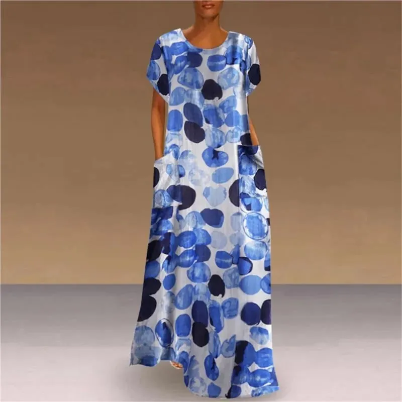 Spring Summer Long Dresses For Women New Floral Printing Short Sleeve Pockets Round Neck Casual Elegant Loose Female's Vestidos